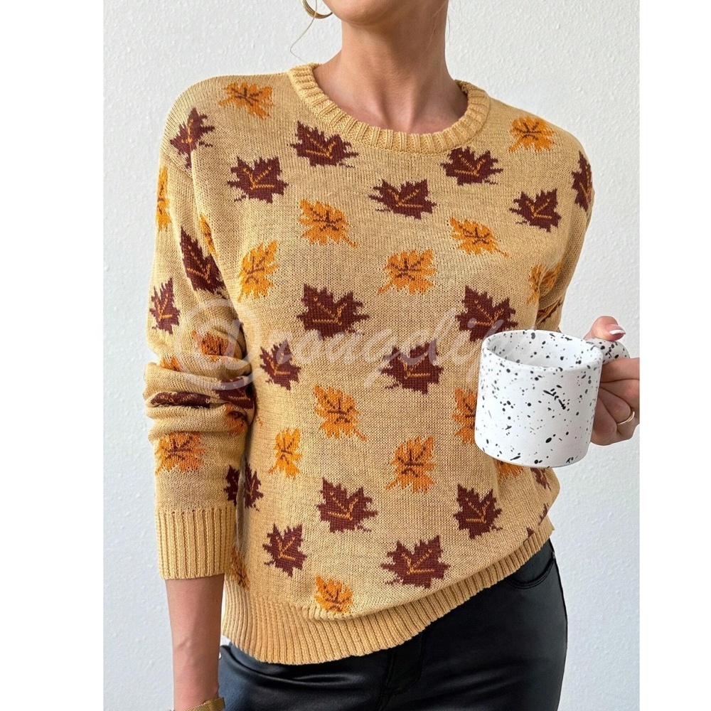 Leaf Print Knit Khaki Sweater Pullover for Fall Autumn